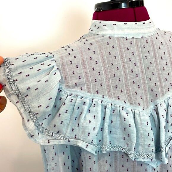 Zara blue textured Swiss dot mesh long sleeve ruffle blouse top M in Pastel Blue - Picture 3 of 8